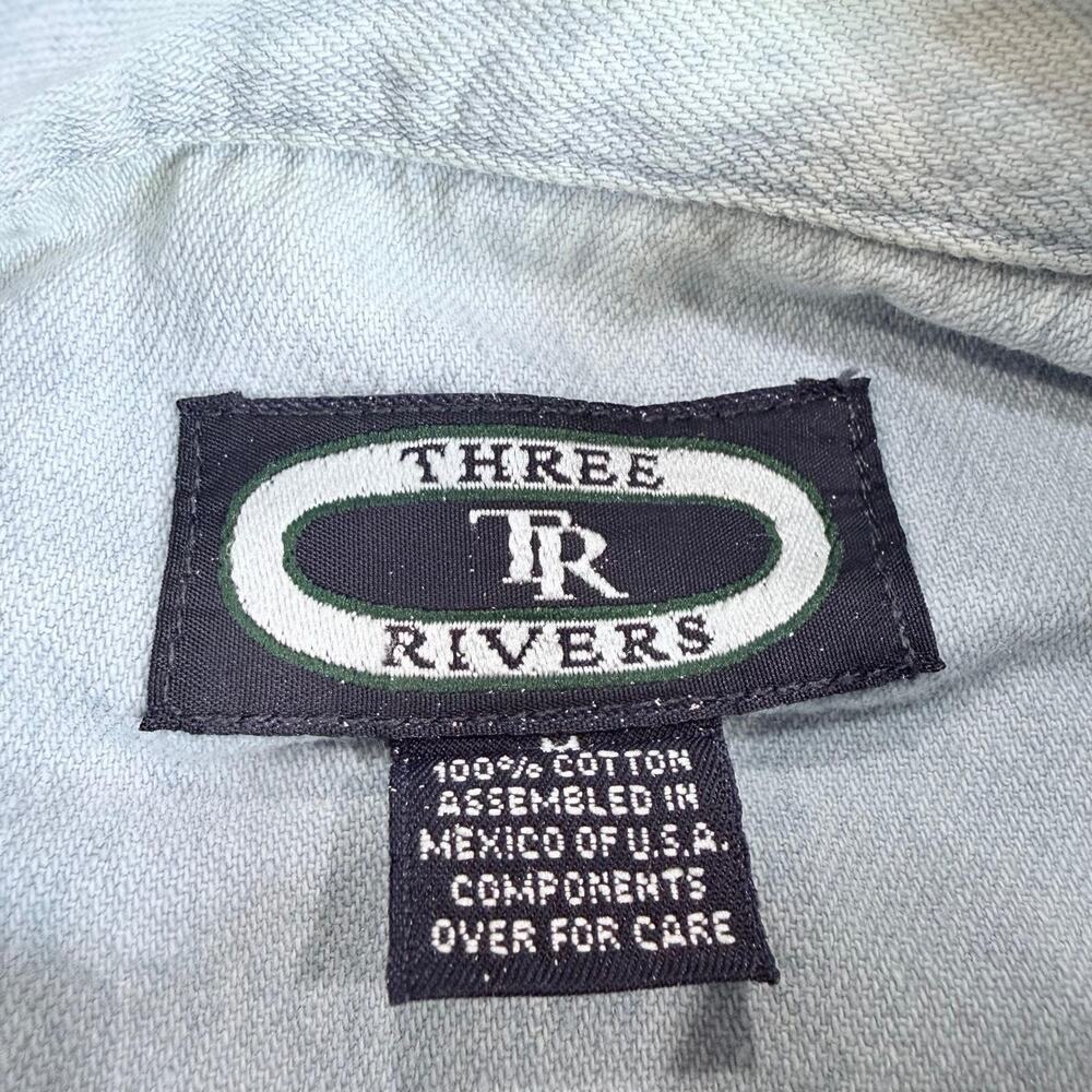 VTG 90s Tree Rivers Maine West Worriers Embroidered Denim Shirt Sz M Distressed - Picture 4 of 11